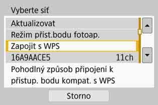 Navázání připojení přes Wi-Fi pomocí WPS (režim PIN) 3 4 Vyberte možnost [Registr. zařízení pro připojení]. Nezobrazí se, pokud je webová služba zvolena v kroku 2.