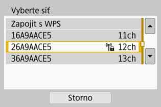 Ruční připojení ke zjištěné síti přes Wi-Fi 4 Vyberte možnost [Přepnout síť]. Zobrazí se po výběru možnosti [q], [D] nebo [l] v kroku 2. (1) (2) (3) 5 Vyberte přístupový bod.