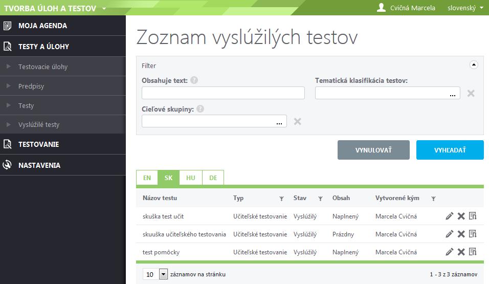 Učiteľské testovanie Tvorba testu Strana 71 / 80 7. klonovať test vytvorí sa kópia testu, ktorú možno modifikovať. Použitím funkcie klonovania vytvoríte kópiu predpisu, ktorú môžete modifikovať.