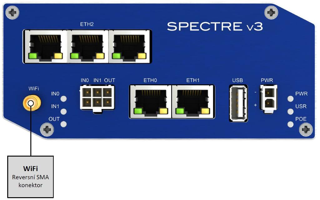 5. PROVEDENÍ ROUTERU 5.8.3 Anténní konektor WiFi Je-li na přání zákazníka osazen WiFi modul, připojuje se příslušná anténa na reversní SMA konektor (WiFi).