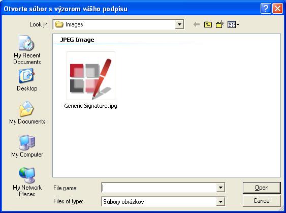 Tlačidlo Zmeniť môžete zvoliť iný obrázok podpisu. Môže to byť napríklad logo vašej firmy. Jedná sa len o zobrazenie podpisu, tento obrázok nemá vplyv na platnosť digitálneho podpisu.