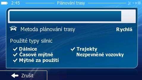 cíli, je zobrazen souhrn aktuálních nastavení trasy. Nyní je trasa připravena.