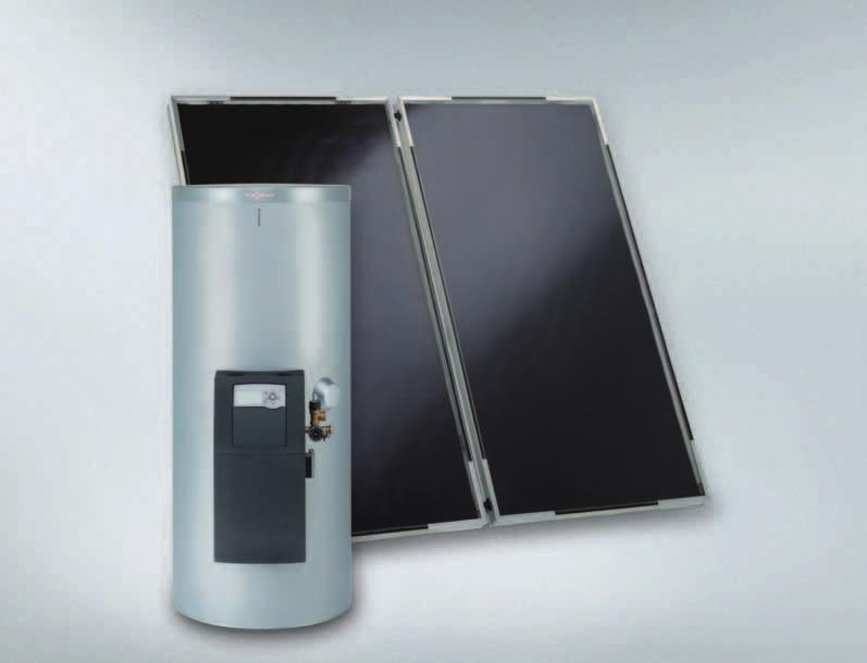 22/23 Bivalentný zásobníkový ohrievač Vitocell 100-B (CVBA) s dvomi plochými kolektormi Vitosol 100-FM (typ SVKF) Výhody na prvý pohľad Štandardizovaný solárny balík na ohrev pitnej vody zjednodušuje
