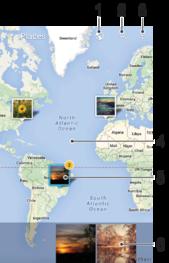 1 Zobrazení fotografií obsahujících zeměpisné souřadnice v režimu zeměkoule 2 Hledání místa na mapě 3 Zobrazení možností nabídky 4 Dvojitým ťuknutím zobrazení přiblížíte. Sevřením prstů jej oddálíte.