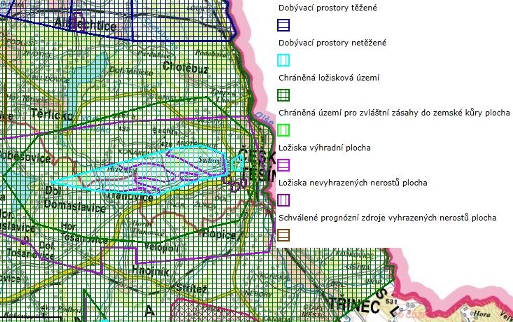 Ložiska výhradní plocha Žukov a Žukovský hřbet (uhlí, zemní plyn) Ložiska nevyhrazených nerostů Český Těšín a Bludovice (cihlářské hlíny). Detailní rozložení viz následující mapa. Zdroj: http://mapy.