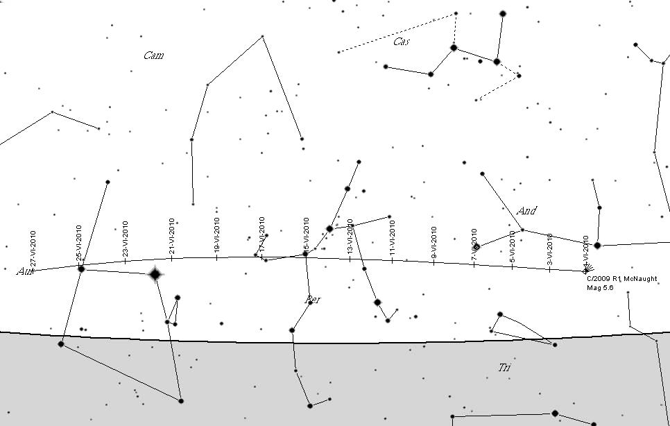 míjí hvězdu delta Persei s hvězdnou velikostí 3 mag. Sama kometa by měla být jen o magnitudu slabší. Dne 21.