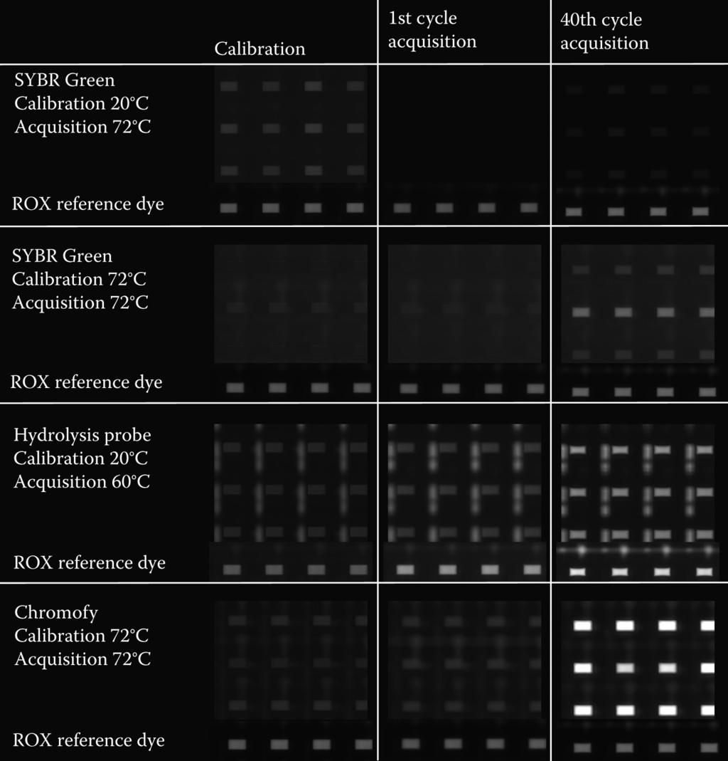 Dye-Based High-Throughput qpcr in Microfluidic Platform BioMark 329 Figure 23.3 Camera images showing 12 qpcr chambers in a 48 48 dynamic array. Top row: 20 C calibration.