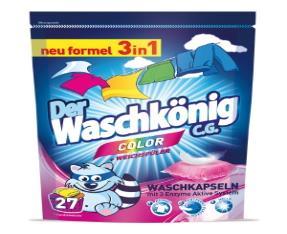 013 - WaschKönig kapsle na praní 3v1 Color - 27 ks WaschKönig Color 3v1 Superkonzentrat jsou gelové kapsle pro praní barevného prádla. Inovativní technologie pro ještě čistší prádlo a ochranu barev.