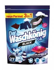 chrání textílie a jejich vzhled snadné a levné dávkování Obsah: 27 kapslí 27 x 24g = 648g 099 - WaschKönig kapsle na praní 3v1 Black - 27 ks Waschkönig Black kapsle pro praní tmavých a černých tkanin.