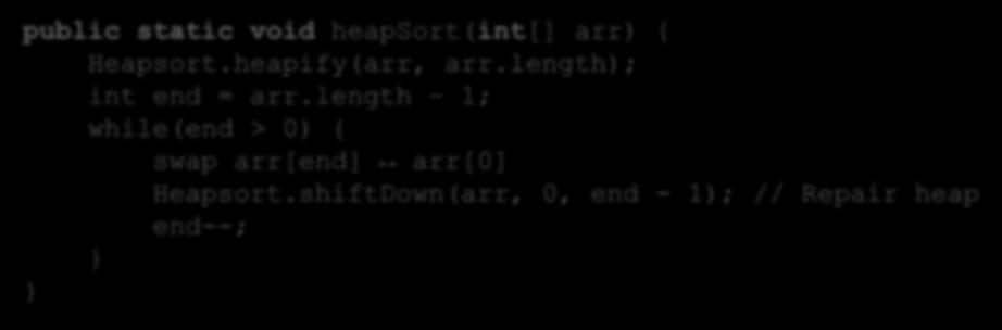 void heapsort(int[] arr) { Heapsort.heapify(arr, arr.length); int end = arr.