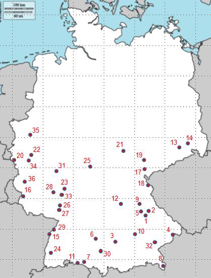Mapa č. 1 1. Regensburc Regensburg 2. Regenstoufen Regenstaufen 3. Ougspurc Augsburg 4. Pazzau Passau 5. Stouf Stauf 6. Ulm Ulm 7. Überlingen Überlingen 8. Pertholsgaden Berchstesgaden 9.