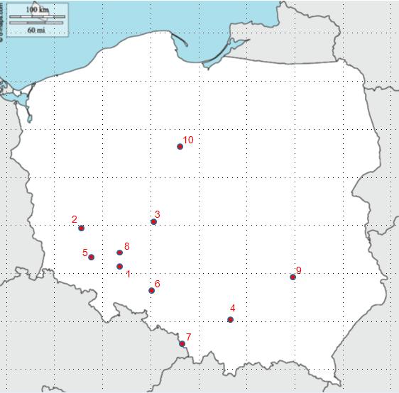 Mapa č. 2 1. Brezlâ Vratislav 2. Glogou Hlohov 3. Kalîs Kališ 4. Krackau Krakov 5. Lignitz Lehnice 6. Opullen Opole 7. Teschîn Těšín 8. Trebnitz Třebnice 9. Zdemer Sandoměř 10.