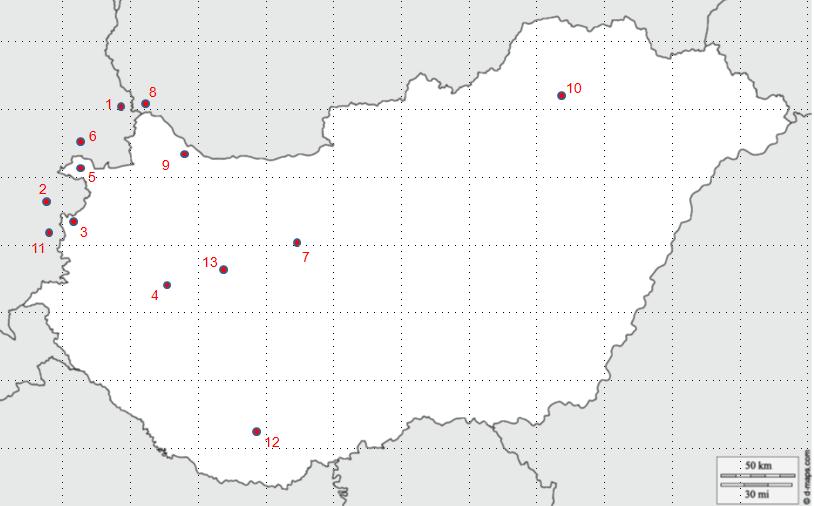 Mapa č. 3 1. Altenburc Deutsch-Altenburg 2. Pernstein burg Bernstein 3. Gunse Kőszeg 4. Guzzinc burc Sümeg 5. Kobolt burc Taródi Burg 6. S. Margreten buc St. Margreten 7. Miehsenburc Székesfehérvár 8.