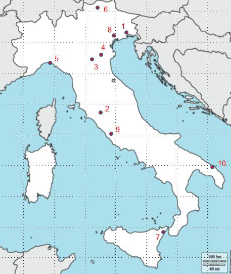 Mapa č. 4 1. Aglei Aquilea 2. Viterbo Viterbo 3. Boloni Boloňa 4. Ferraere Ferara 5. Jenû Janov 6. Merano Merano 7. Messina Messina 8. Padouwe Padova 9. Rôme Řím 10.