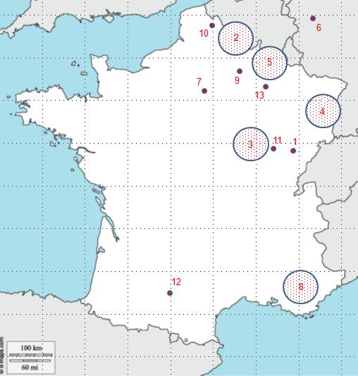 Mapa č. 5 1. Bisenz Besancon 2. Brabant land Brabantsko 3. Burgoni Burgundsko 4. Elsâz Alsasko 5. Hanegau Henegavsko 6. Niunkirchen Neukirchen 7. Pares Paříž 8. Provenze Provence 9. Reins Remeš 10.