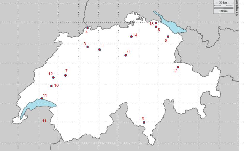 Mapa č. 6 1. Altburn burc Altbürn 2. Alten-Valkenstein burc Burg Falkenstein 3. Palm burc Balm bei Günsberg 4. Basel Basilej 5. Diezenhoven Dietenhofen 6. Eschenbach burc Burg bei Inwil 7.