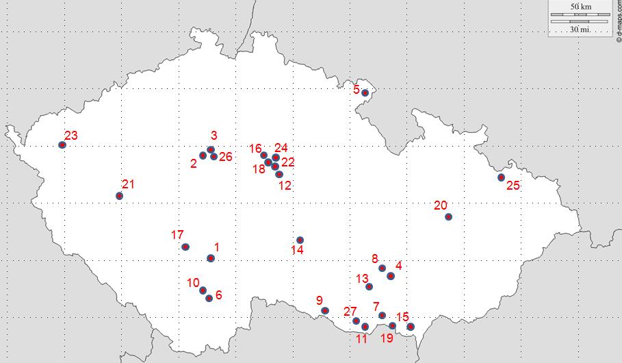 Mapa č. 7 1. Peching Bechyně 2. Sprasla Zbraslav 3. Brohâ Praha 4. Brunn Brno 5. Branau Broumov 6. Budewezze České Budějovice 7. Durrenholz Drnholec 8. Eichhorn Veveří 9. Vranau Vranov nad Dyjí 10.