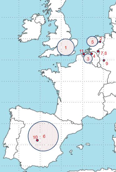 Mapa č. 8 1. Engellant Anglie 2. Ens Ens 3. Flandern Flandry 4. Gent Gent 5. Hollant lant Holandsko 6. Castel Kastilie 7. Limburg Limbourg 8. Niumegen Nijmegen 9. Neuβ Neuss 10. Toledo Toledo 11.