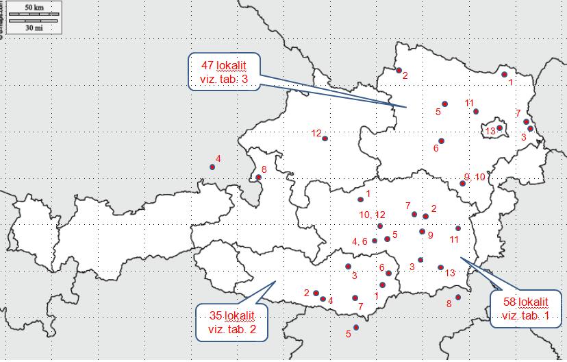 Mapa č. 11 Štýrsko: 1. Admont, 2. Bruck an der Mur, 3. Voitsberg, 4. Judenburg, 5. Knittelfeld, 6. Lichtenstein, 7. Leoben, 8. Pettau, 9. Pfannberg, 10. Seckau, 11. Stubenberg, 12. Wasserburg, 13.