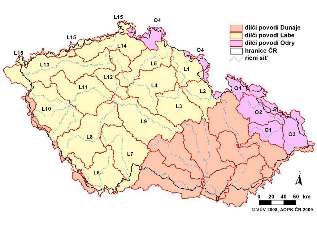 Metodika a také povodí Stěnavy v oblasti Broumova v Čechách. Členění daného území na jednotlivá povodí ukazuje Obr. 1. Obr. 1: Hydrologické členění povodí Labe a Odry na dílčí povodí I.