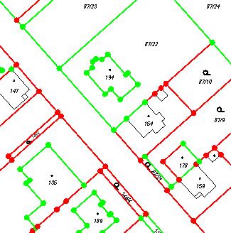 Podrobné body s vyjádřením přesnosti - KN V katastrálních územích s mapou v digitální formě je možné pomocí barevně odlišených teček zobrazit podrobné body na hranicích parcel.