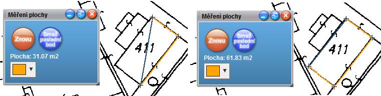 Pro měření plochy je nutné označit alespoň 3 body, jejichž spojnice ohraničují území, jehož plocha je měřena. Spojnice uživatelem označených bodů se zakreslují oranžovou čárou.