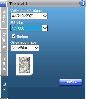 Tisk Kliknutím na záložku Tisk v pravé části mapového okna se rozbalí průvodce tiskem mapového výřezu.