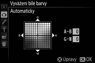 Stisknutím tlačítka G zobrazte menu, v menu fotografování vyberte položku Vyvážení bílé barvy a stiskněte tlačítko 2.