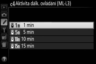 ovládání (ML-L3) Tlačítko G A menu uživatelských funkcí Tato položka určuje, jak dlouho čeká fotoaparát na signál z volitelného dálkového ovládání ML-L3 před tím, než zruší režim dálkového ovládání.