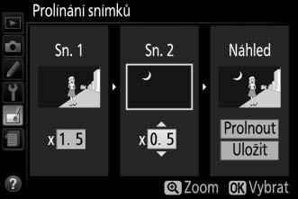 3 Vyberte druhý snímek. Vybraný snímek se zobrazí jako Sn. 1. Vyberte položku Sn. 2 a stiskněte tlačítko J, potom vyberte druhý snímek postupem popsaným v kroku 2. 4 Nastavte expoziční podíl snímku.