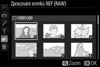 Zpracování snímků NEF (RAW) Tlačítko G N menu retušování Tato položka vytváří kopie JPEG ze snímků NEF (RAW). 1 Vyberte položku Zpracování snímků NEF (RAW).