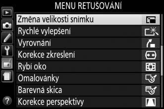 Změna velikosti snímku Tlačítko G N menu retušování Tato položka vytváří malé kopie z jednoho nebo více vybraných snímků. 1 Vyberte položku Změna velikosti snímku.