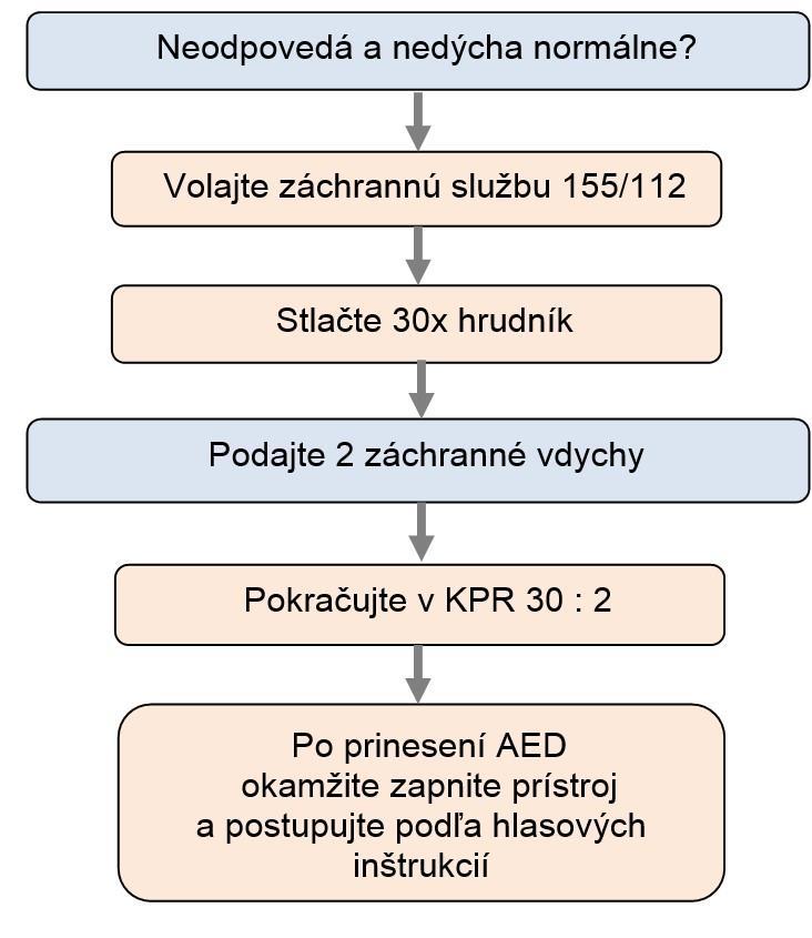 2. Základná neodkladná resuscitácia dospelých Postupuje sa podľa algoritmu ZNR (obr. 2). Obrázok 2. Algoritmus základnej neodkladnej resuscitácie dospelých 2.
