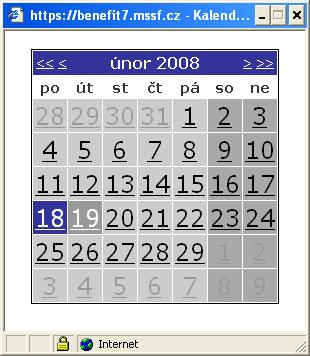 Kalendář: Pomocí komponenty kalendář lze zadat libovolné datum; datum lze vložit ručně bez použití kalendáře nebo s použitím kalendáře kliknutím na modrou
