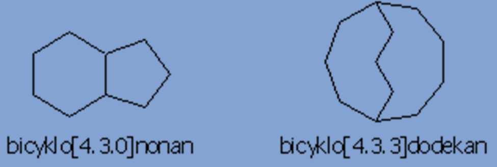 začíná klíčovým slovem bicyklo; v hranaté závorce za ním jsou tři čísla značící počty atomů uhlíku ve třech řetězcích