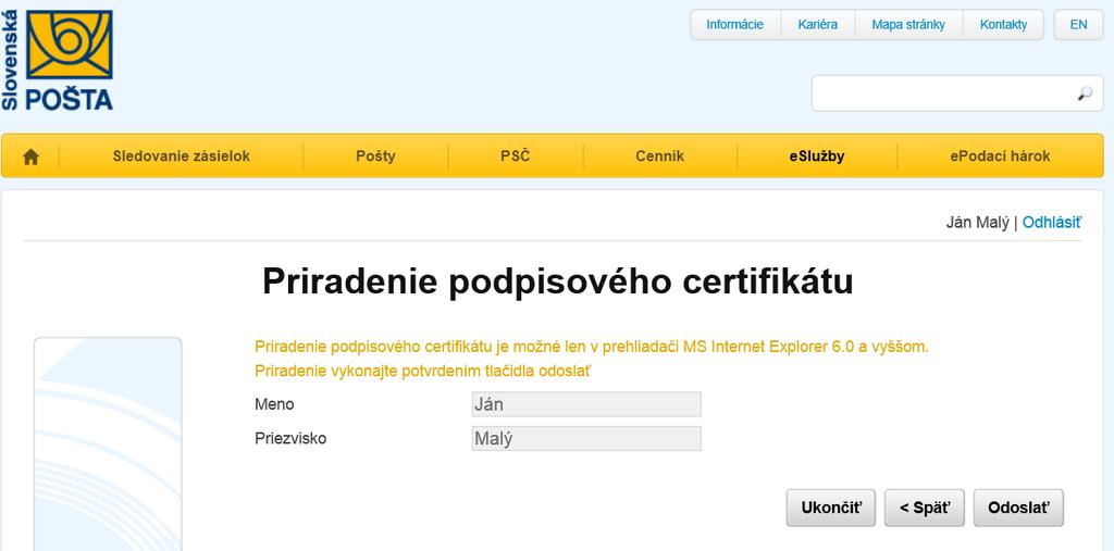 Strana: 30/33 Priradenie podpisového certifikátu sa vykoná