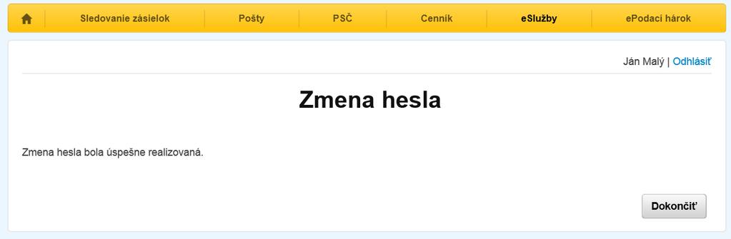 Strana: 33/33 Prihlásená osoba zadá aktuálne heslo, nové heslo, overenie nového hesla a stlačí tlačidlo Odoslať.