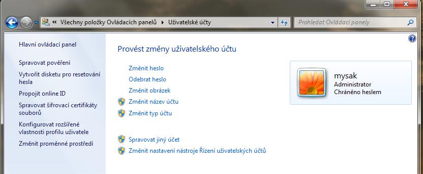 Uživatelské účty lokální a doménové účty lokální: Ovládací panely Uživatelské účty typy uživatelů: Administrátor (správce, všechna práva) může přidávat další účty a měnit je