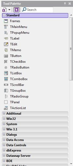 na paletě komponent rozděleny do tematických skupin podle jejich účelu využívání. Počet komponent a tematických skupin se odvíjí i od verze Delphi a s každou novou verzí je paleta komponent rozšířena.