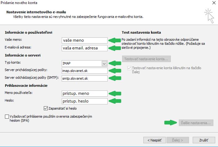 Protokol IMAP 4 4. Vyberte položku Internetový e-mail. 5.