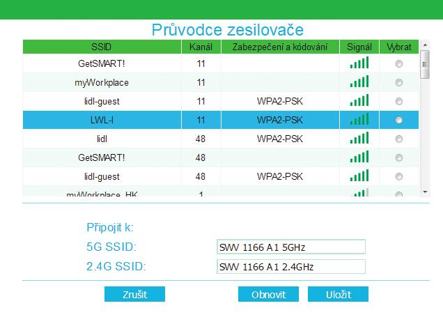 Zvolte síť a zadejte heslo. Poté klikněte na Uložit. Upozornění: V režimu Wifi zesilovače se ve vybrané síti změní název a heslo SSID.