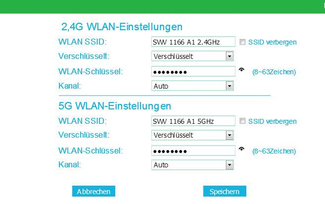 Im WLAN-Einstellungsbereich können Sie Ihren WLAN SSID-Benutzernamen und/oder WLAN-Schlüssen einrichten oder Sie können die Standardwerte für Wi-Fi SSID und den WLAN-Schlüssel beibehalten.