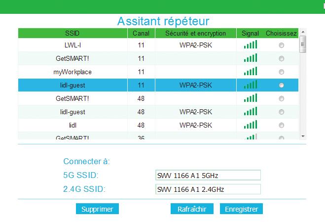 Choisissez le réseau et entrez le mot de passe. Puis cliquez sur «Enregistrer». Conseils : En réalité, en mode répéteur Wifi, le nom SSID et le mot de passe seront changés avec le réseau sélectionné.