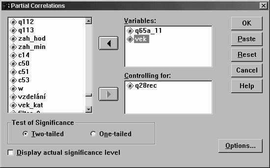 SOC108 LEKCE 9: JAK ODHALIT VLIV TŘETÍ PROMĚNNÉ 15 Výsledek výpočtu: Correlations Q65A_11 Euthanasie VEK Pearson Correlation Sig. (2-tailed) N Pearson Correlation Sig.