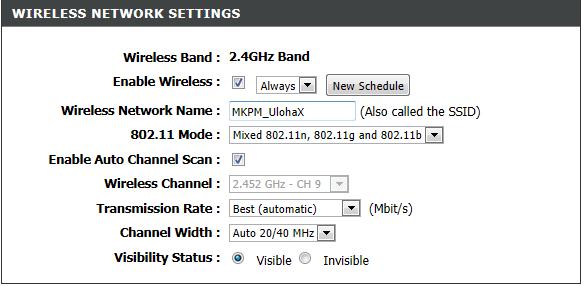 Obrázek 10. Nastavení WLAN sítě ve webovém rozhraní D-Link DIR-855 směrovače. SSID sítě si zvolte sami, nejlépe jednoduchý a ne moc dlouhý název (např. MKPM_ulohaX).