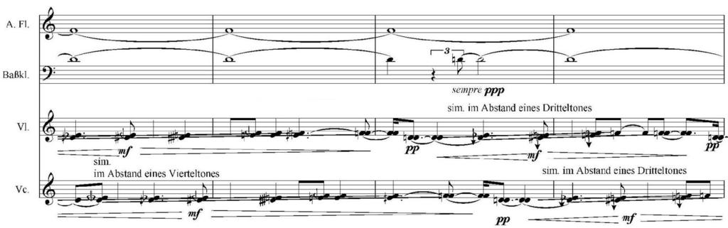 Ex. 5: Process of distortion and restoration, mm. 7 9 A variety of processes in subsection 2 (mm. 19 49) add the second pitch of the melody in the Agnus Dei, F, to the sonority (Ex. 6).