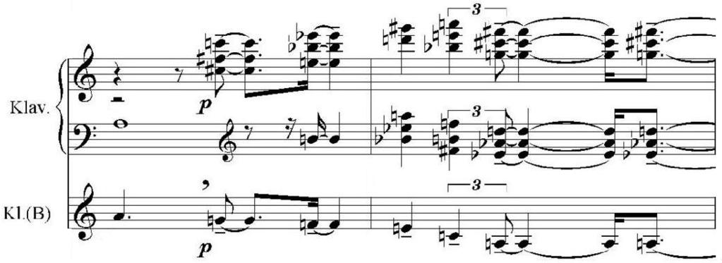 Ex. 12: Agnus Dei melodic line as roots of chord-z, Tria ex Uno III, mm 59 60 Section B The second formal section reworks material borrowed from Agnus Dei mm. 1 2.