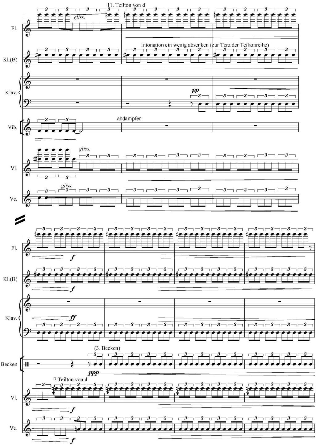 by gradually changing the chordal notes to partials, as if by another mode of additive synthesis (Ex. 13).