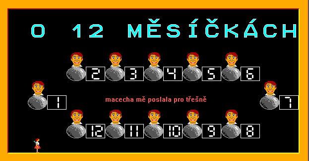 c) Program se po stisku klávesy nebo tlačítka myši bude opakovat. Z levého dolního rohu vyjde Maruška, požádá o třešně. Nápis: macecha mě poslala pro třešně, bude růžový na stejném místě.