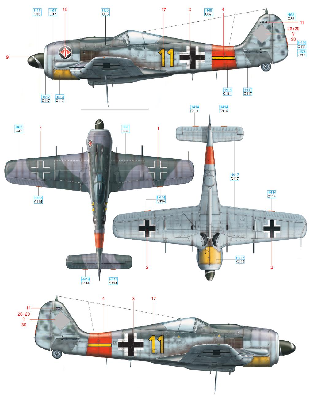 B W. Nr. 170393, Fw. A. Bindseil, 6./JG 1, Störmede, Německo, jaro 1944 Pilotem tohoto stroje byl Feldwebel Alfred Bindseil, jehož velitelem byl v té době proslulý Heinz Bär. Fw. Bindseil dosáhl celkem pěti vítězství, jednoho z nich odseknutím části ocasních ploch americkému Mustangu dne 13.